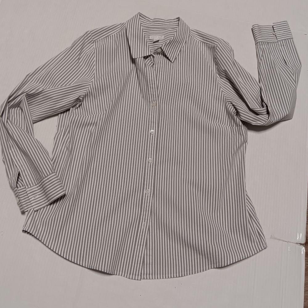 J. JILL Perfect Shirt gray white striped stretch cotton blend button down, L - Picture 2 of 13